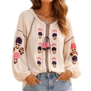 Figue Cream Blue Embroidered Boho Peasant Top with Tassels sz S